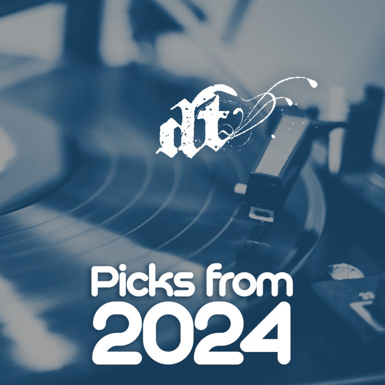 The image features a close-up view of a spinning vinyl record player in a blue-toned color scheme. At the top, there is a stylized logo with white swirling DT. At the bottom, the text reads "Picks from 2024" in bold white lettering.