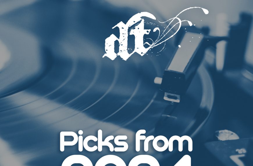 The image features a close-up view of a spinning vinyl record player in a blue-toned color scheme. At the top, there is a stylized logo with white swirling DT. At the bottom, the text reads "Picks from 2024" in bold white lettering.