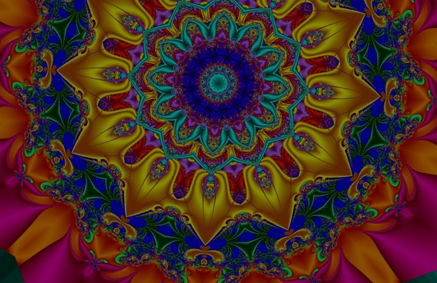 A vibrant, symmetrical, mandala-like fractal pattern fills the frame, featuring a central teal circle surrounded by concentric layers of intricate designs. These layers radiate outwards in a star or flower-like arrangement, predominantly in deep blue, teal, yellow-gold, red, and purple hues. The outer sections expand into more fluid shapes of orange and magenta, with fine, delicate fractal details in green and blue. There are no recognizable figures, landmarks, or brands present.