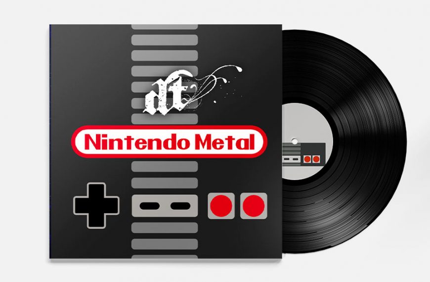 The image displays an album cover and a partially visible black vinyl record against a plain white background. The square album cover is designed to resemble a classic Nintendo Entertainment System (NES) controller, featuring a black background with grey directional pad, start/select buttons, and red A/B buttons. Centered above the control layout is a red oval with a white outline, containing "Nintendo Metal" in white text, stylized like the classic Nintendo logo. Above this, a white gothic-style text, resembling "dft," is presented with a paint splatter effect. The black vinyl record, positioned to the right, has a central label that also mimics a section of an NES controller, showing grey buttons and two red buttons.