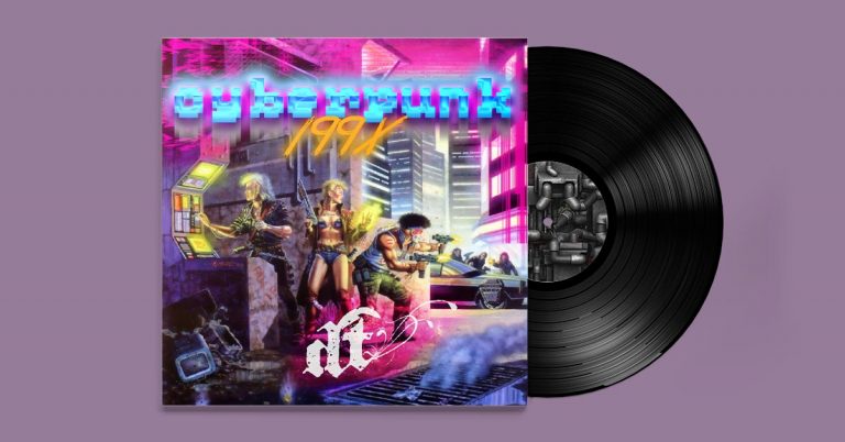This image shows a vinyl record album cover for "Cyberpunk 1992" in a retro-futuristic aesthetic. The cover features vibrant neon colors - primarily hot pink and cyan blue - with "cyberpunk" displayed in bold, glitchy digital-style lettering at the top and "1992" in yellow script below it. The artwork depicts a dystopian urban scene with futuristic characters including what appears to be punk-styled figures with weapons, set against a backdrop of towering skyscrapers and neon-lit cityscape. The scene has a distinctly 1980s-90s cyberpunk vibe reminiscent of movies like Blade Runner. A black vinyl record is partially visible next to the album cover, and the entire image is set against a purple gradient background. There's also what appears to be a logo or emblem in the bottom left corner of the album artwork.