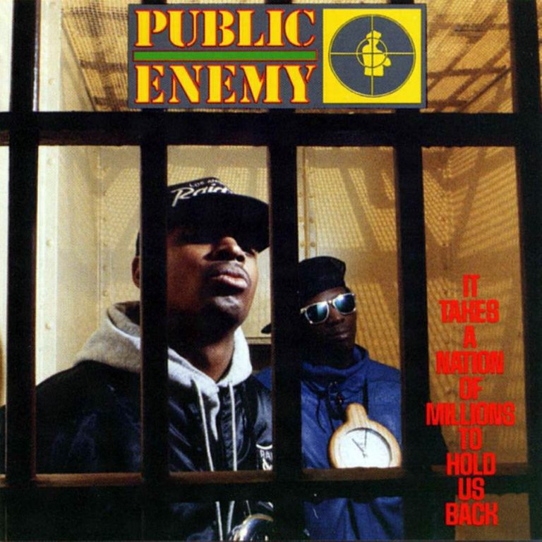 Album cover for Public Enemy's *It Takes a Nation of Millions to Hold Us Back*, showing two men behind prison bars.