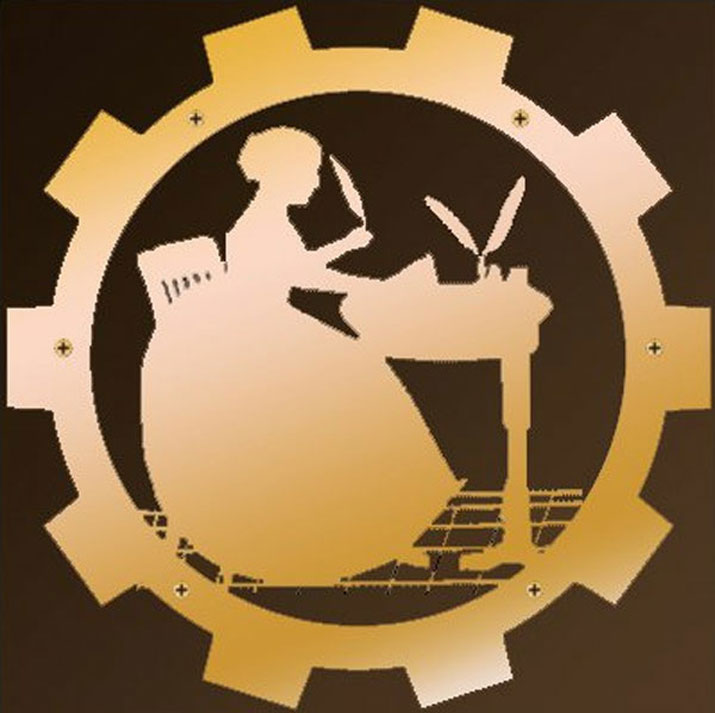 Golden gear emblem containing a silhouette of a scribe writing with a quill pen at a desk.
