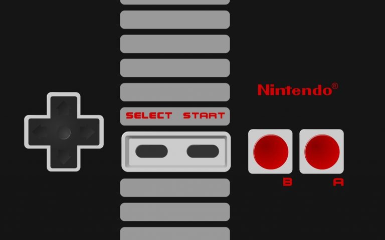Close-up illustration of a classic Nintendo NES controller showing the D-pad, Select and Start buttons, and red A and B