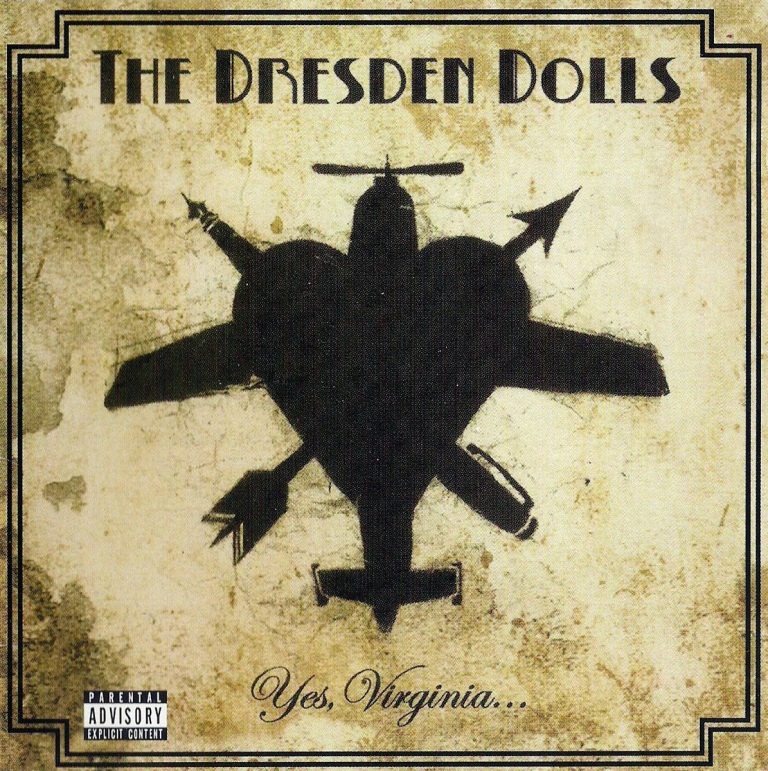 Album cover for *Yes, Virginia...* by The Dresden Dolls, featuring a silhouette of a military helicopter shaped like a heart