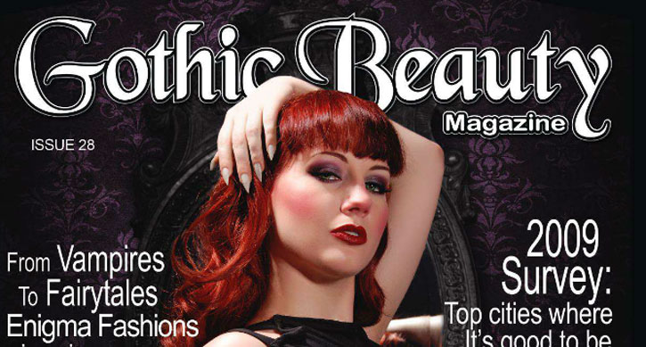 Cover of *Gothic Beauty Magazine*, Issue 28, featuring a red-haired woman with dramatic makeup, with headlines about