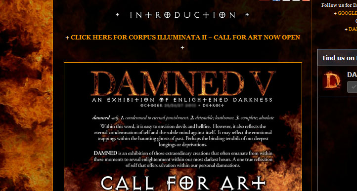 Promotional webpage for "Damned V: An Exhibition of Enlightened Darkness," an art show in Detroit, featuring a fiery