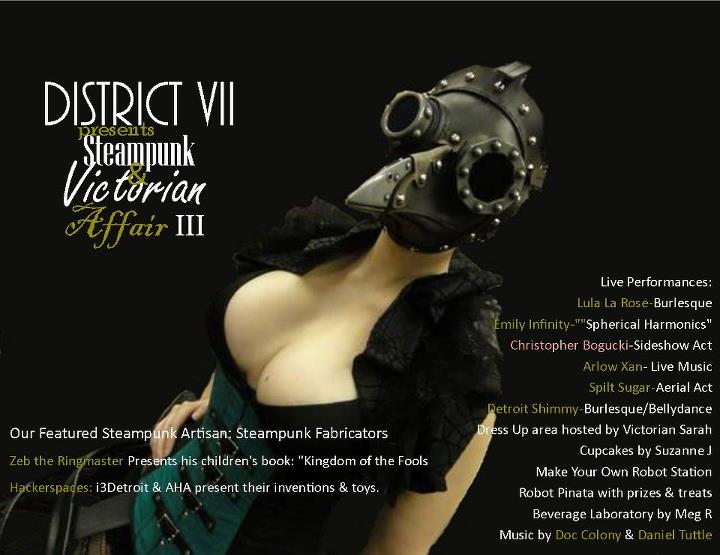 Promotional flyer for District VII's Steampunk & Victorian Affair III featuring a figure in a plague doctor mask and