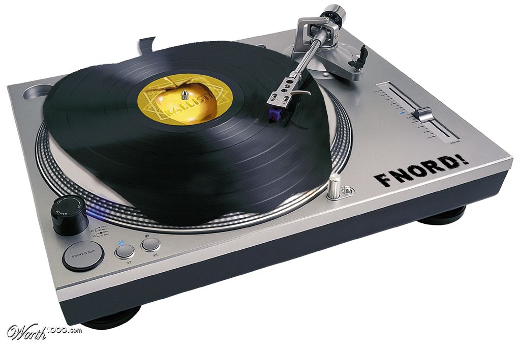A vinyl record labeled "Kallisti" spinning on a silver "FNORD!" turntable.