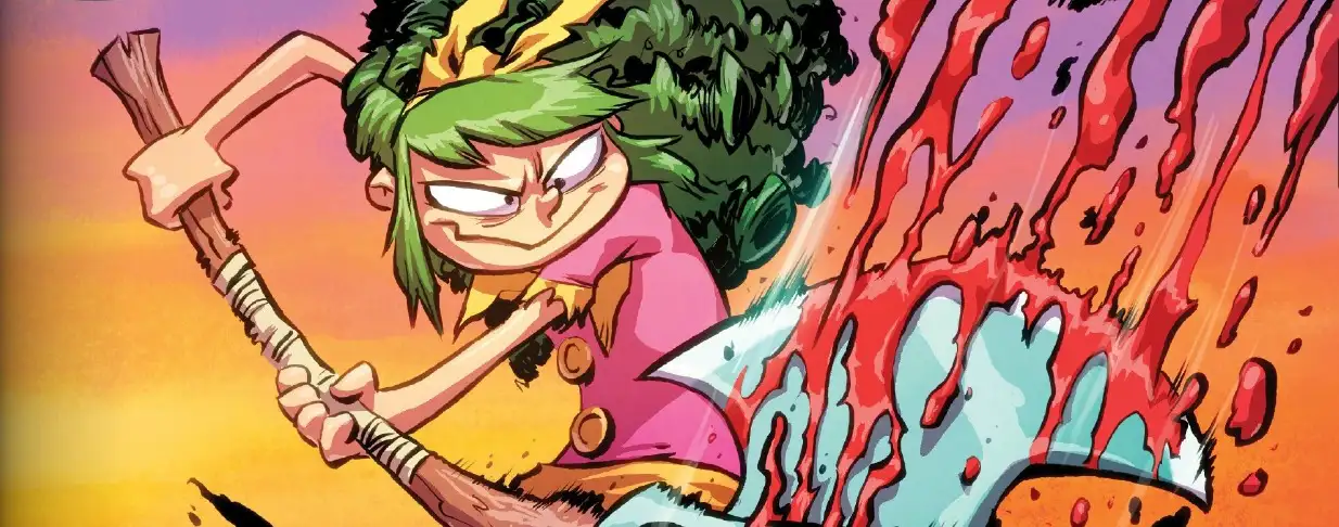 A dynamic comic-style scene shows Gert, a fierce green-haired girl with a yellow bow, wearing a pink dress with big buttons, swinging a wooden club with both hands. Her strike hits a blue shark-like creature on the right, sending a dramatic spray of red blood across the frame. The background is a warm sunset gradient of orange and purple, heightening the action.