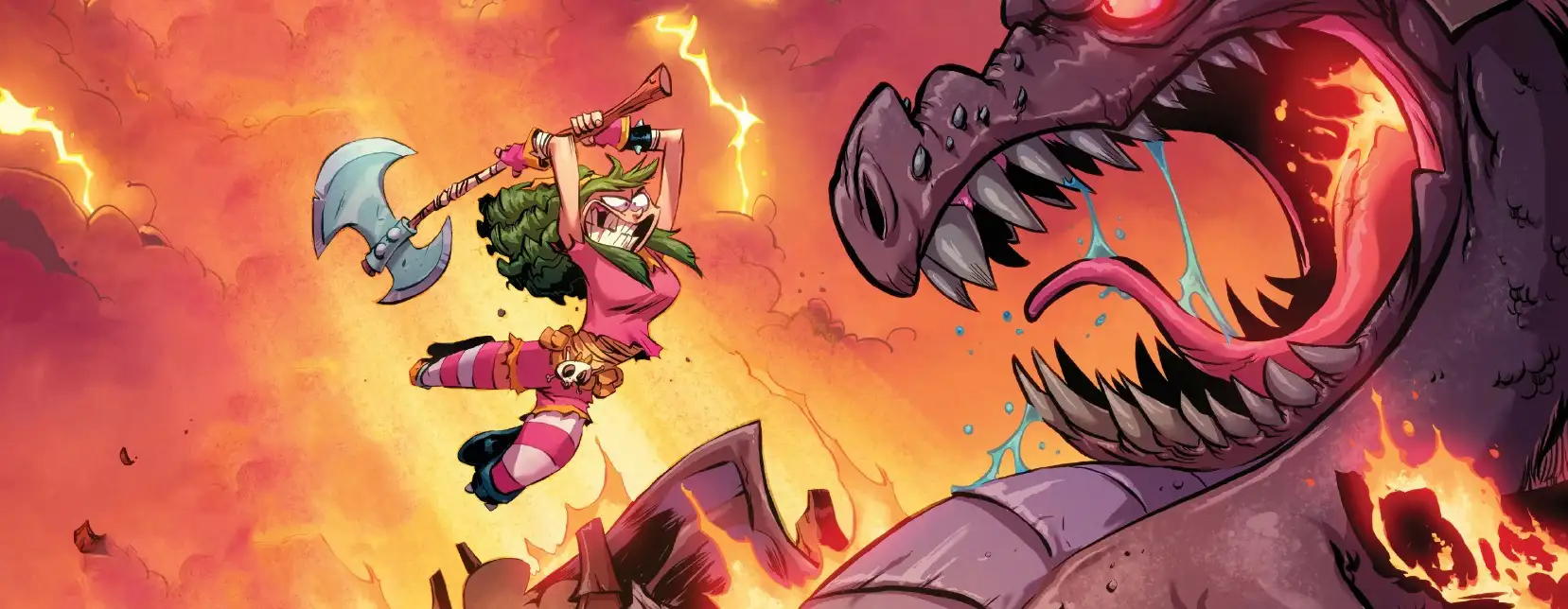 A dynamic comic scene showing Gertrude “Gert” from I Hate Fairyland. Green hair, pink dress, striped stockings, and a skull belt. She's leaping midair with a large battle axe raised to strike a gigantic black dragon. The dragon has glowing red eyes and a gaping, lava-lit mouth full of sharp teeth and a lashing tongue. The background is ablaze with orange fire, smoke, lightning, and scattered debris.