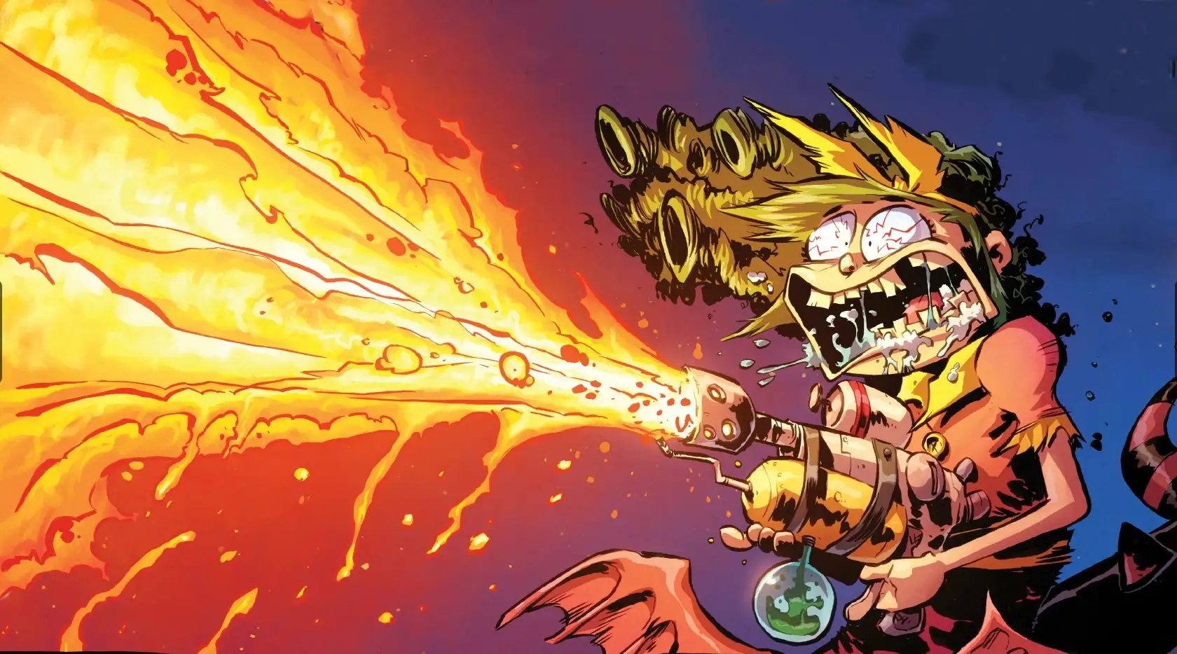 A frenetic cartoon scene showing a Gert firing an oversized sci‑fi flamethrower that spews a massive stream of bright orange fire across the image. She’s drooling with excitement, wearing a tattered orange shirt, with a cluster of rocket barrels strapped behind her, and a round flask of green liquid hanging from the weapon. The background fades from deep blue to red, lit by the blaze.