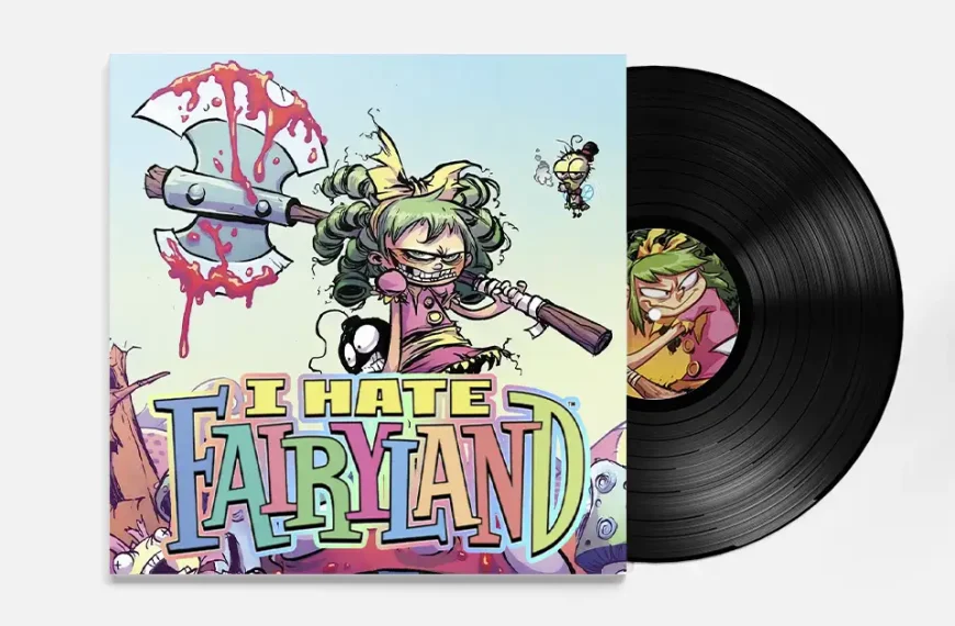 A vinyl record with colorful comic-book cover art for āI Hate Fairyland.ā The cover shows the green-haired character Gertrude (Gert) in pigtails, grinning and brandishing a large, blood-splattered double-headed axe. Hey tiny winged sidekick hovers nearby. The bold, multicolored title āI HATE FAIRYLANDā spans the bottom. The black LP is partially slid out to the right, with a label image of Gert.